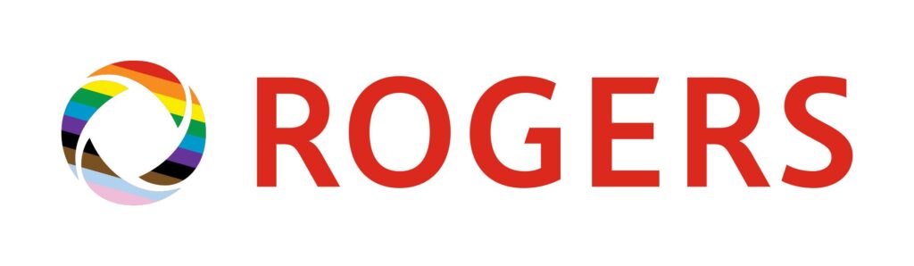 The Rogers logo is on the right but the usual red colour is replaced with rainbow colours. The centre and right of the image has the word " ROGERS" in red. The background is white.