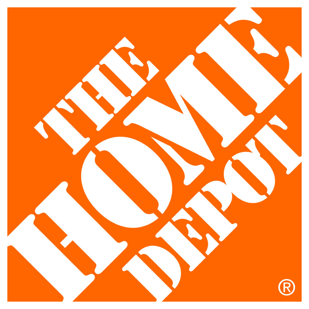 Home depot logo. An orange background with the words "The Home Depot" in white and at a forty five degree angle where the left side of the words are at the bottom left of the image.