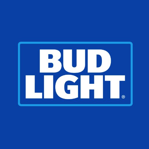 Bud Light logo. Blue background with the words "Bud Light" in white in the centre. Those words are surrounded by a rectangular outline with rounded corners which has a blue colour that is slightly lighter than the background.