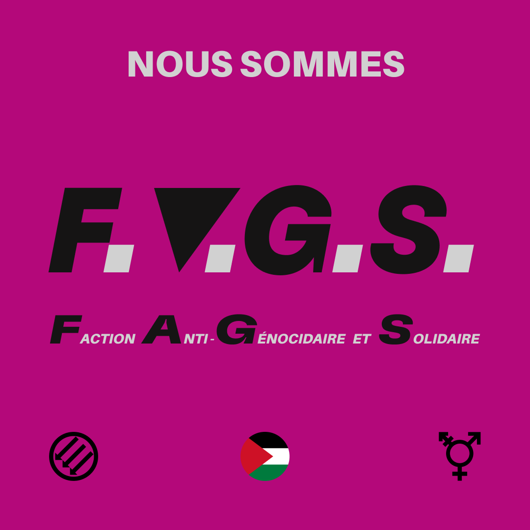 Carré arriere plan rose vif. En texte blanc, "Nous sommes" est écrit en haut. Au milieu, "F.A.G.S." est écrit en texte large, les lettres sont noir et les periodes sont blancs. Le "A" dans "F.A.G.S." est un triangle à l'envers. En dessous de l'acronym est écrit le nom au complet : "Faction Anti-Génocidaire et Solidaire". Un drapeau palestinien se trouve au centre en bas. À gauche se trouve les trois flèches anti-fascistes, et à droite se trouve le symbole transgenre de l'unicode.